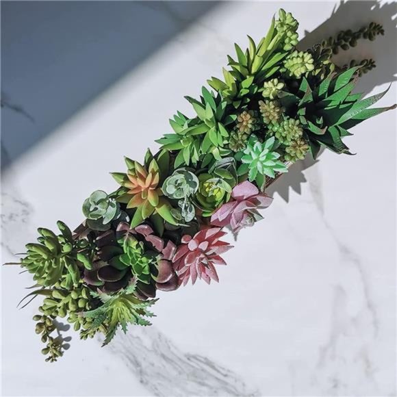 19 Pcs Assorted Artificial Succulents Fake Plants in Rectangular Wooden Pot - Picture 5 of 8